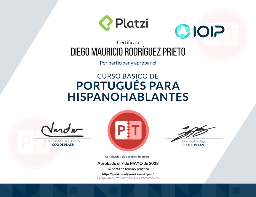 Diploma del Curso de Portugués para Hispanohablantes