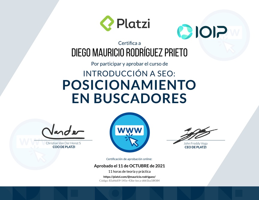 Diploma del Curso de Introducción a SEO: Posicionamiento en Buscadores