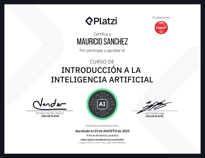 Diploma del Curso Gratis de Introducción a la Inteligencia Artificial