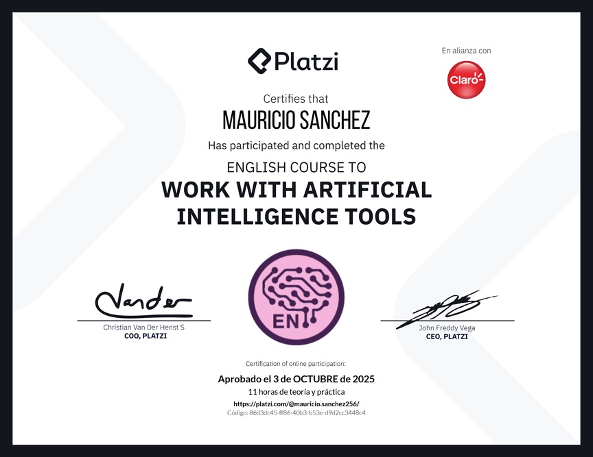 Diploma del Curso de Inglés para el Uso de Inteligencia Artificial