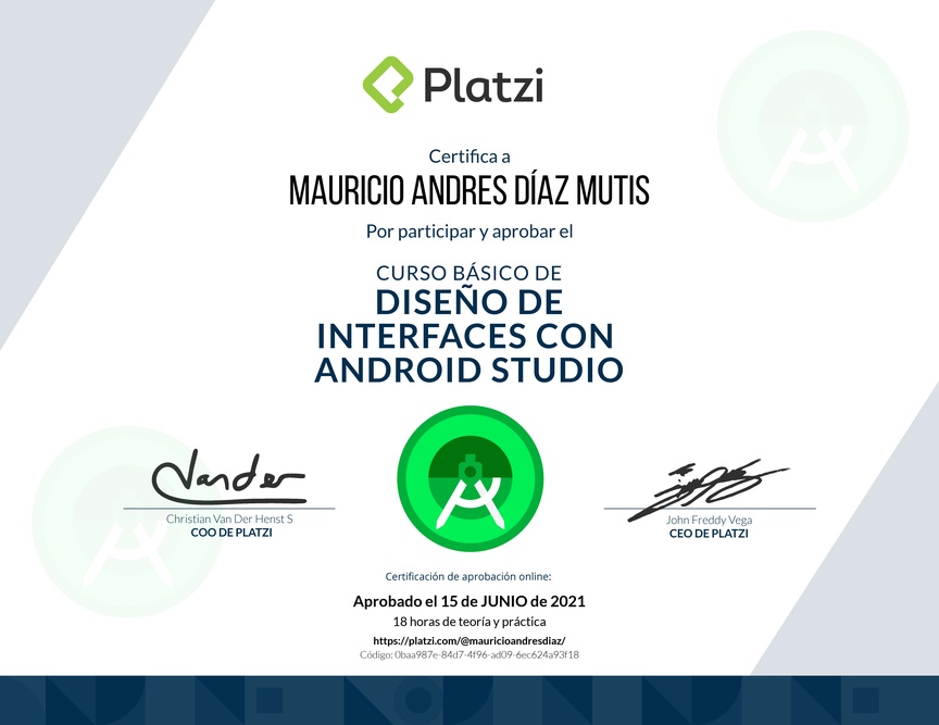 Diploma del Curso Básico de Diseño de Interfaces con Android Studio