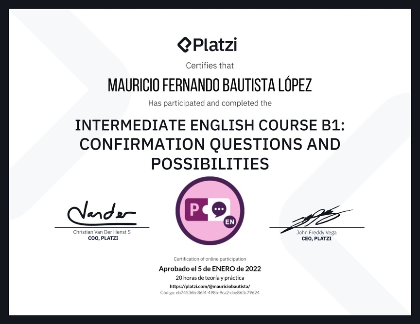 Diploma del Curso de Inglés Intermedio B1: Preguntas de Confirmación y Posibilidades