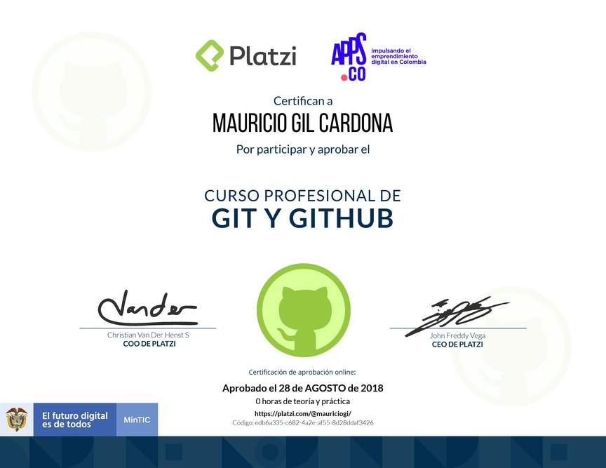 Diploma de [Appsco] Curso profesional de Git y GitHub 2017