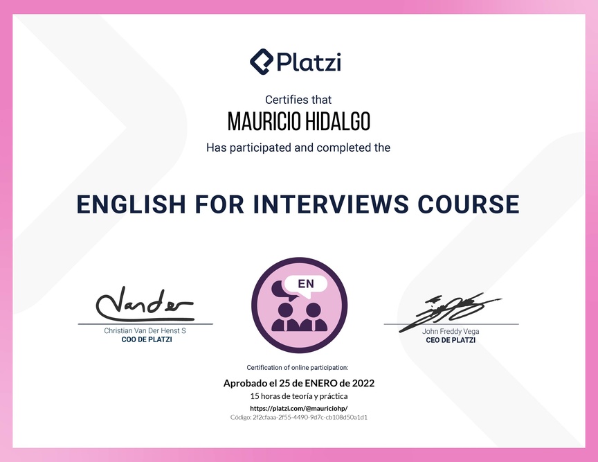 Diploma del Curso para Entrevistas de Trabajo en Inglés (2020)