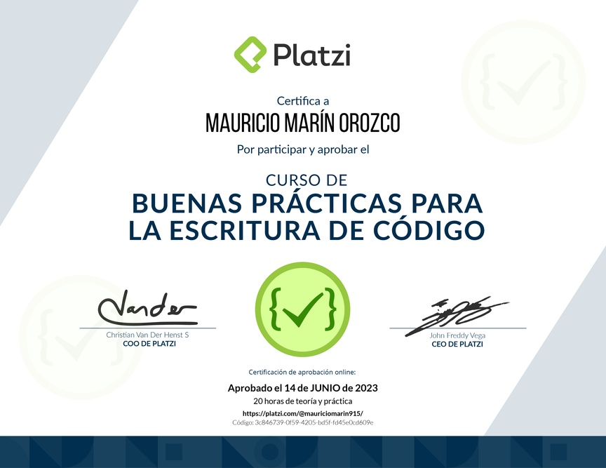 Diploma del Curso de Patrones de Diseño y Buenas Prácticas en PHP