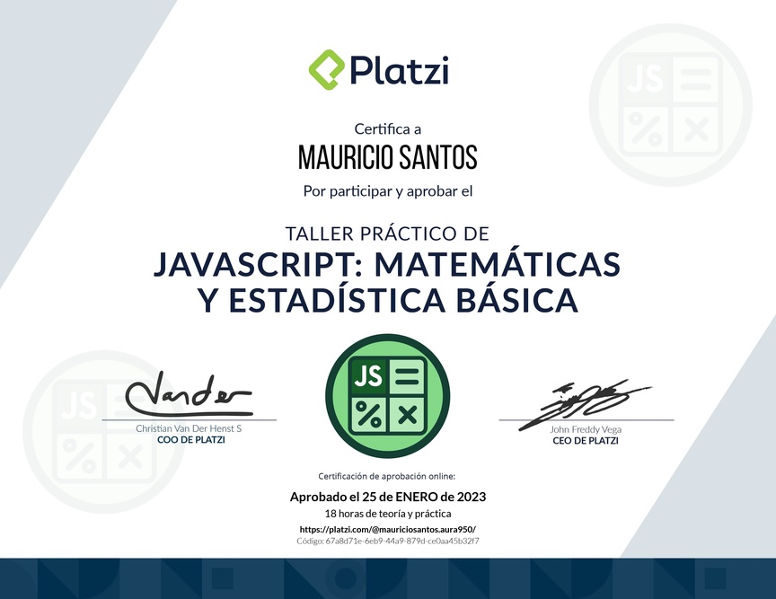Diploma de Taller Práctico de JavaScript: Matemáticas y Estadística Básica