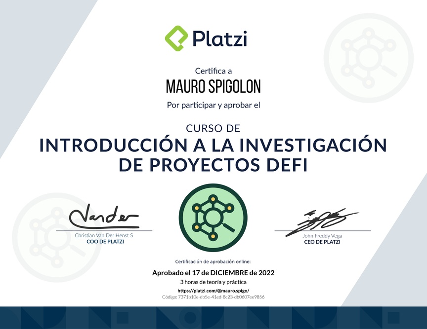 Diploma de Minicurso de Introducción a la Investigación de Proyectos DeFi