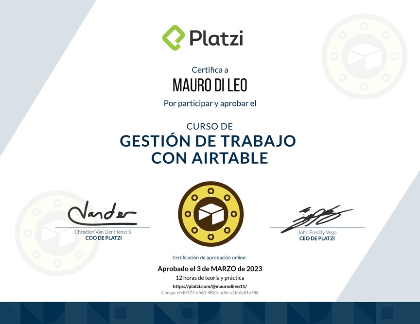 Diploma del Curso de Gestión de Trabajo con Airtable