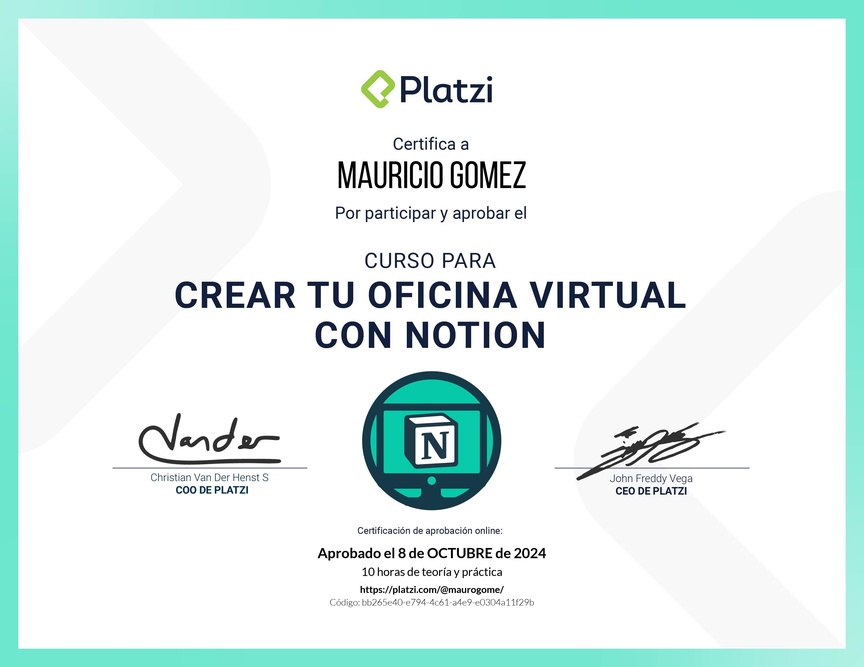 Diploma del Curso para Crear tu Oficina Virtual con Notion