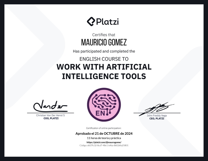 Diploma del Curso de Inglés para el Uso de Inteligencia Artificial