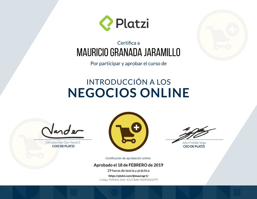 Diploma del Curso de Introducción a los Negocios Online en Ecommerce