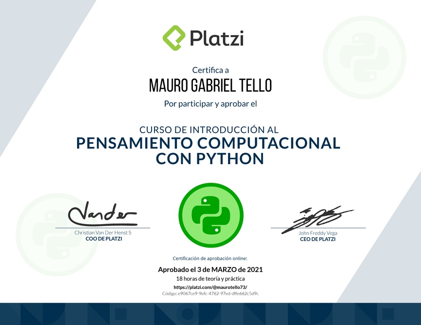 Diploma del Curso de Introducción al Pensamiento Computacional con Python
