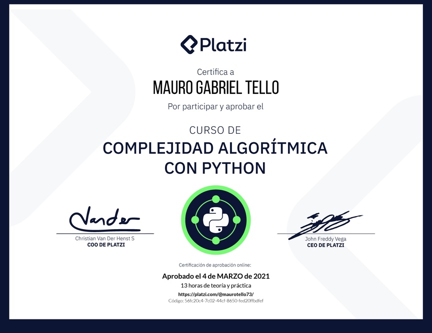 Diploma del Curso de Complejidad Algorítmica con Python