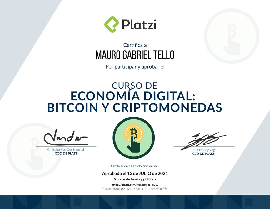 Diploma del Curso de Lectura Economía Digital: Bitcoin y Criptomonedas