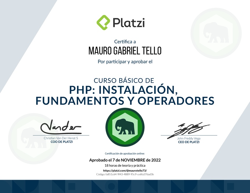 Diploma del Curso Básico de PHP: Instalación, Fundamentos y Operadores