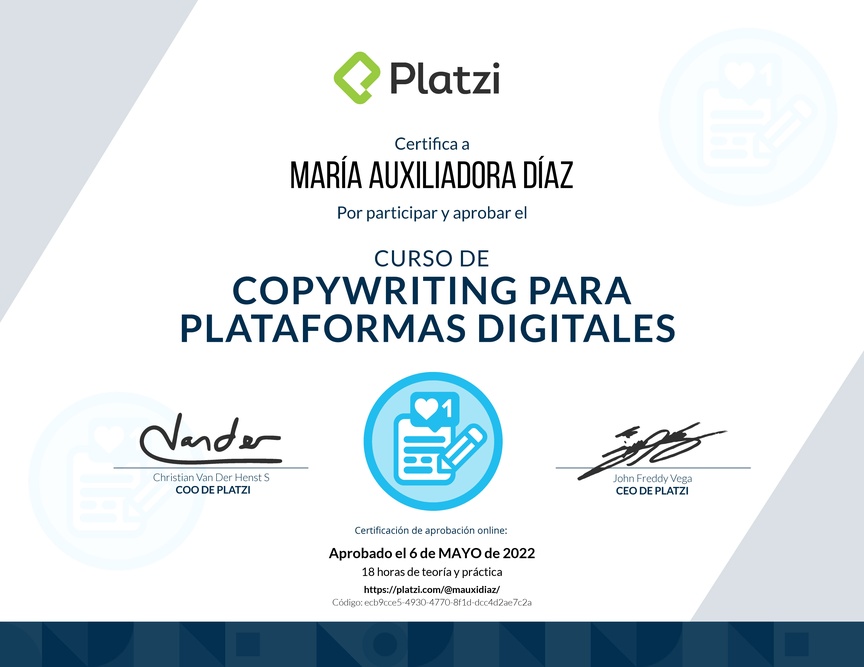 Diploma del Curso de Copywriting para Plataformas Digitales