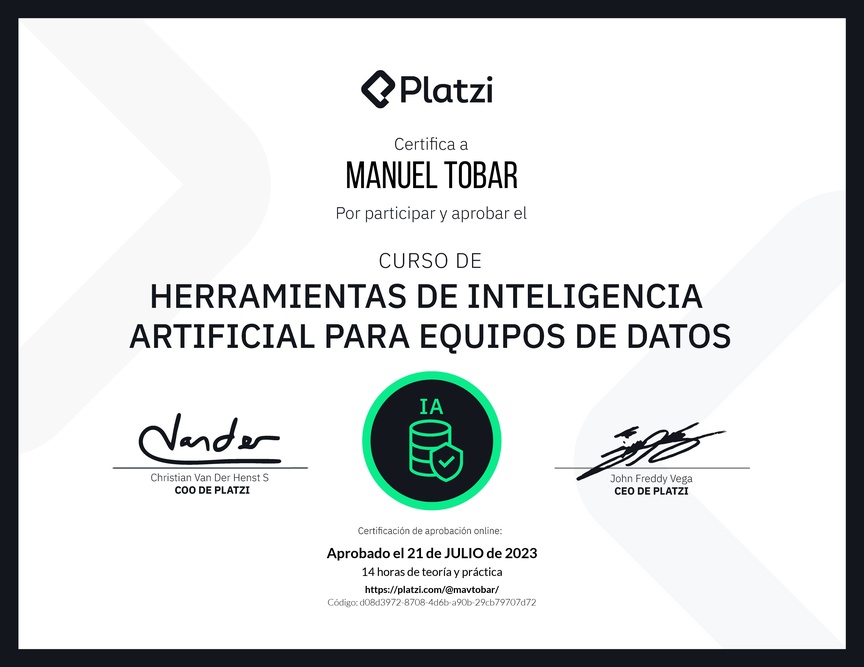 Diploma del Curso de Herramientas de Inteligencia Artificial para Equipos de Datos