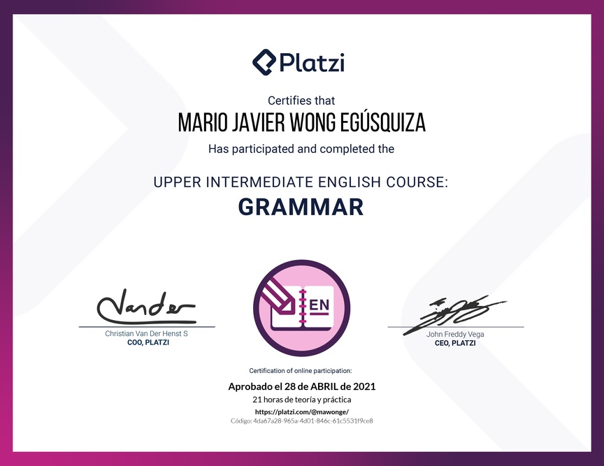 Diploma del Curso Intermedio Alto de Gramática en Inglés (2020)