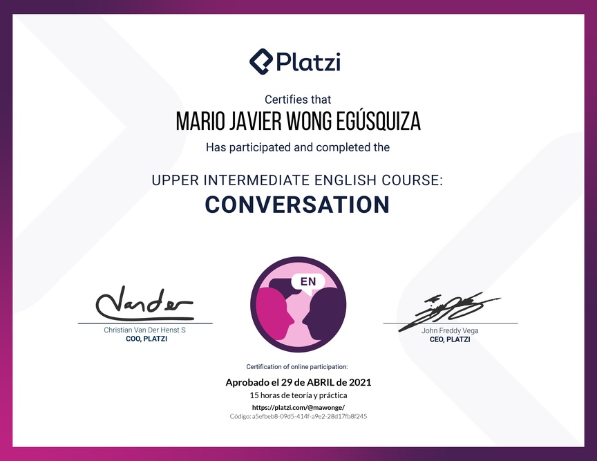 Diploma del Curso de Inglés Intermedio Alto: Conversación 2020