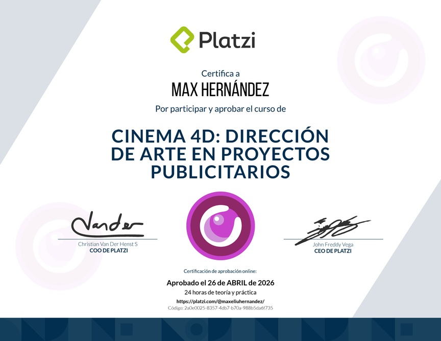 Diploma del Curso de Cinema 4D en dirección de arte publicitaria