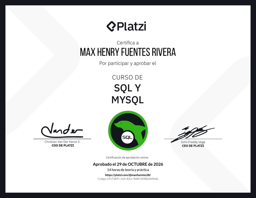 Diploma del Curso de SQL y MySQL