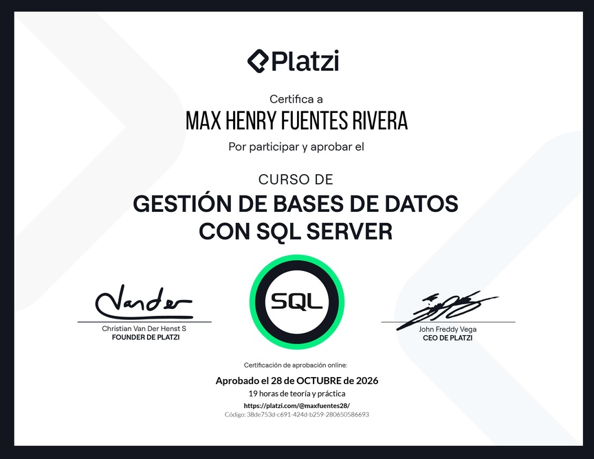 Diploma del Curso de Gestión de Bases de Datos con SQL Server