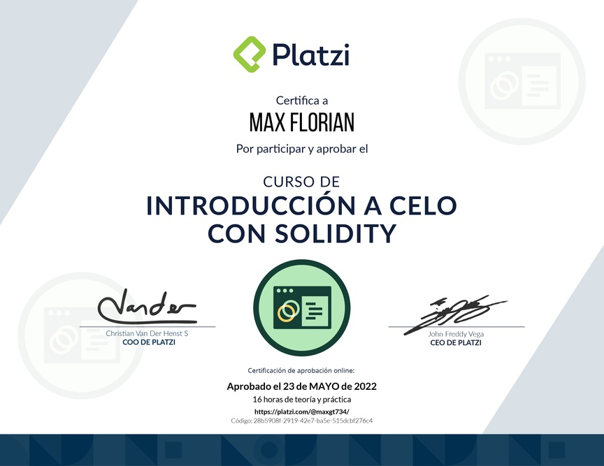 Diploma del Curso de Introducción a Celo con Solidity