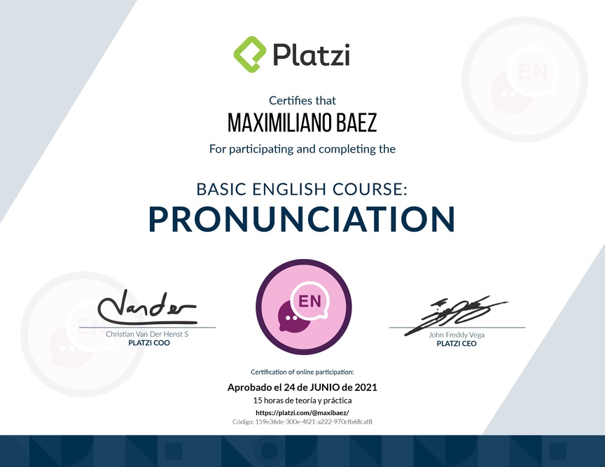 Diploma del Curso de pronunciación básica en Inglés 2020