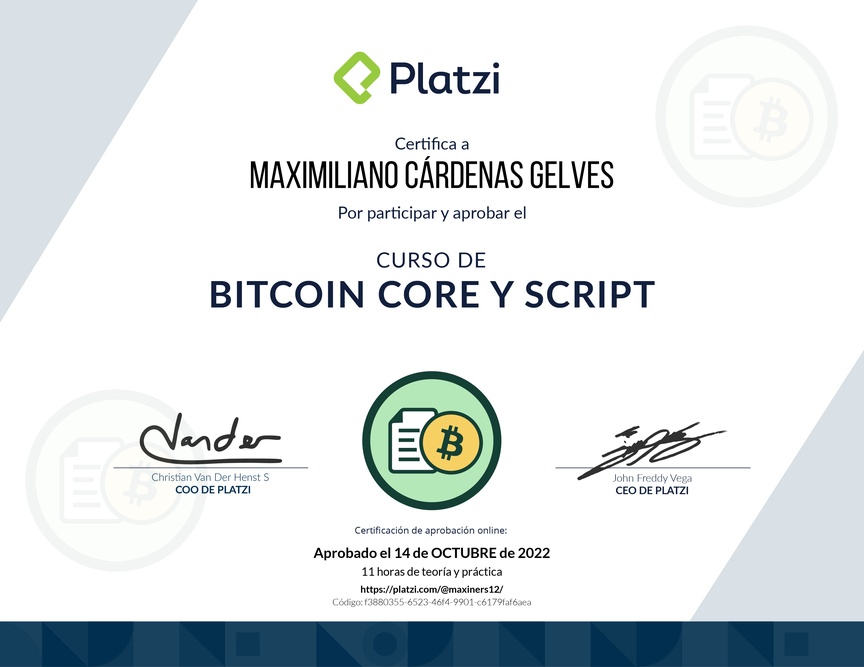 Diploma del Curso de Bitcoin Core y Script