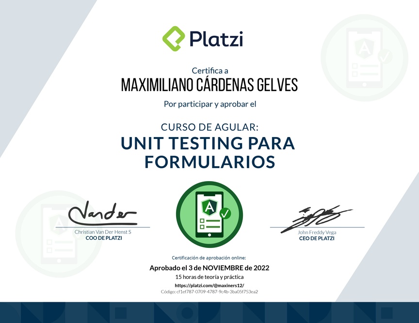 Diploma del Curso de Angular: Unit Testing para Formularios