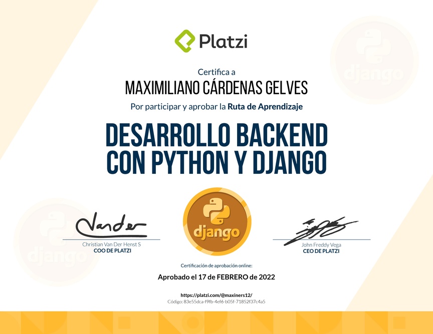 Diploma de la Ruta de Aprendizaje de Desarrollo Backend con Python y Django