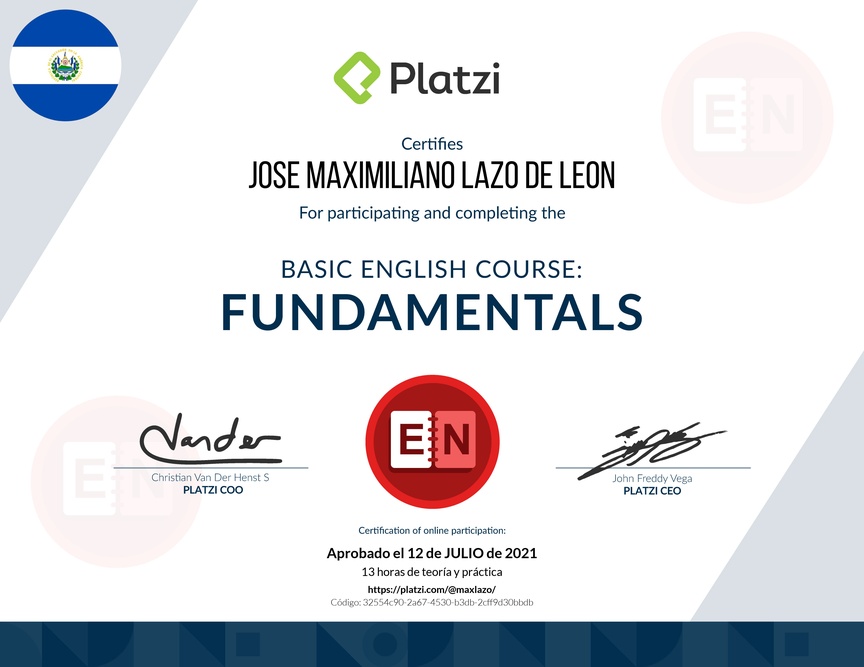 Diploma del Curso de Inglés Básico: Fundamentos 2018