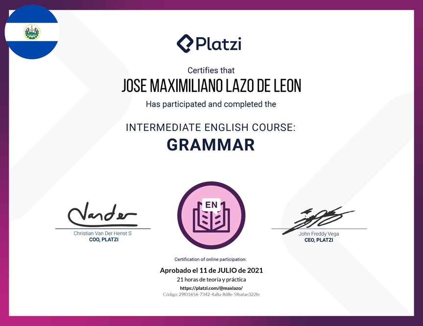 Diploma del Curso Intermedio de Gramática en Inglés (2020)