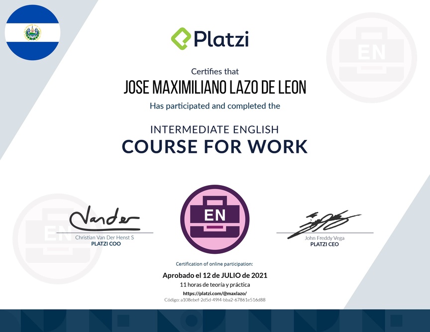 Diploma del Curso Intermedio de  Inglés  para el Trabajo 2020