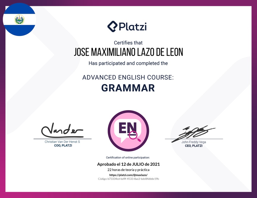Diploma del Curso Avanzado de Gramática en Inglés (2020)