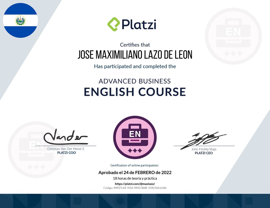 Diploma del Curso Avanzado de Inglés para el Trabajo 2020