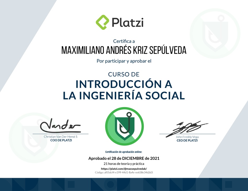 Diploma del Curso de Introducción a la Ingeniería Social: Técnicas, Ataques y Pretexting