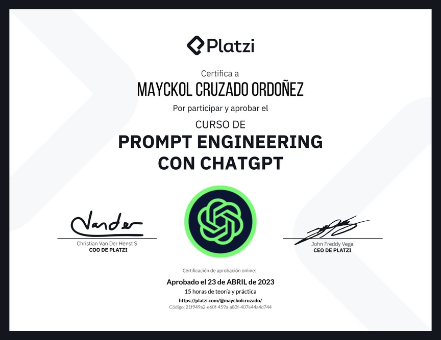 Diploma del Curso de Prompt Engineering con ChatGPT