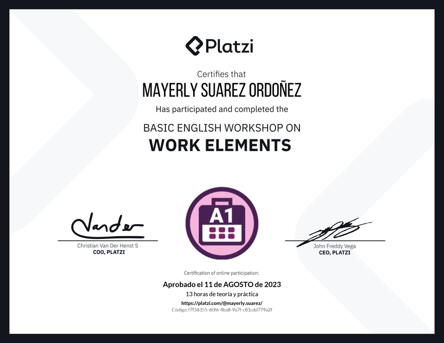Diploma del Curso de Inglés Práctico sobre Elementos de Trabajo