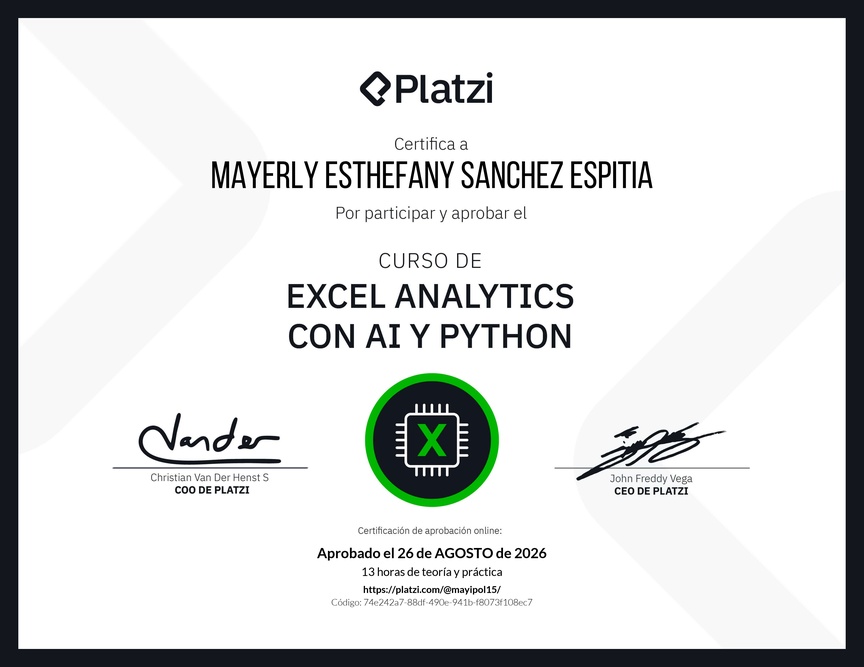 Diploma del Curso de Excel Analytics con AI y Python