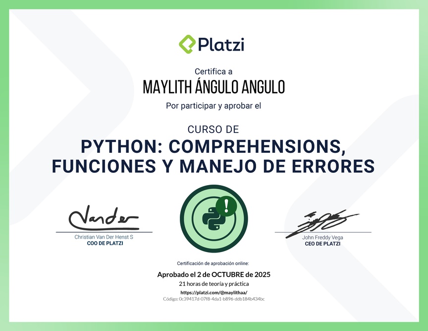 Diploma del Curso de Python: Comprehensions, Funciones y Manejo de Errores