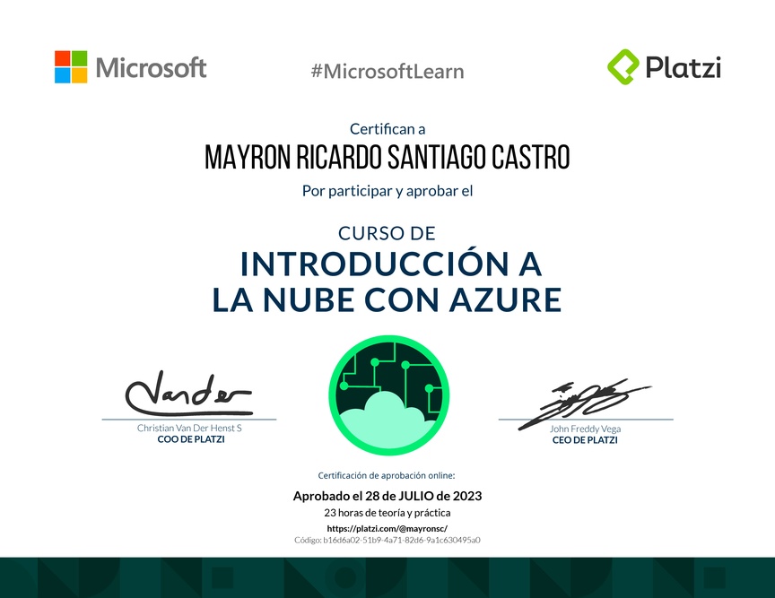Diploma del Curso de Introducción a la Nube con Azure