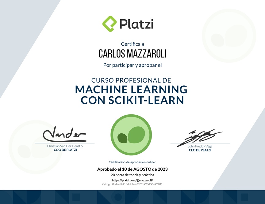 Diploma del Curso Profesional de Machine Learning con scikit-learn