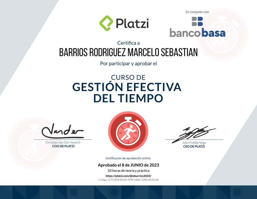 Diploma del Curso de Gestión Efectiva del Tiempo