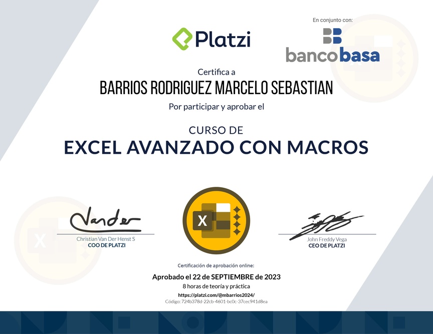 Diploma del Curso de Excel Avanzado con Macros