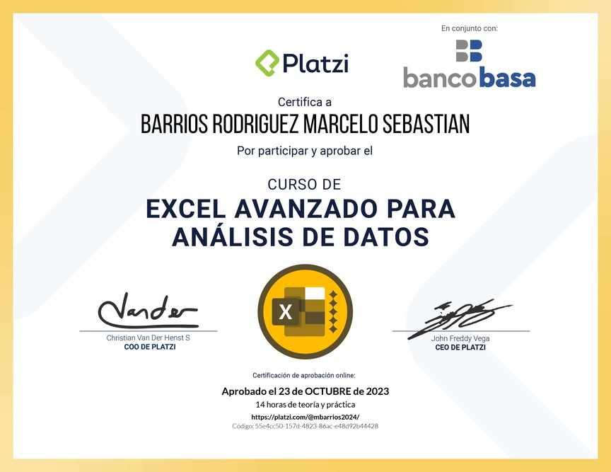 Diploma del Curso de Excel Avanzado para Análisis de Datos