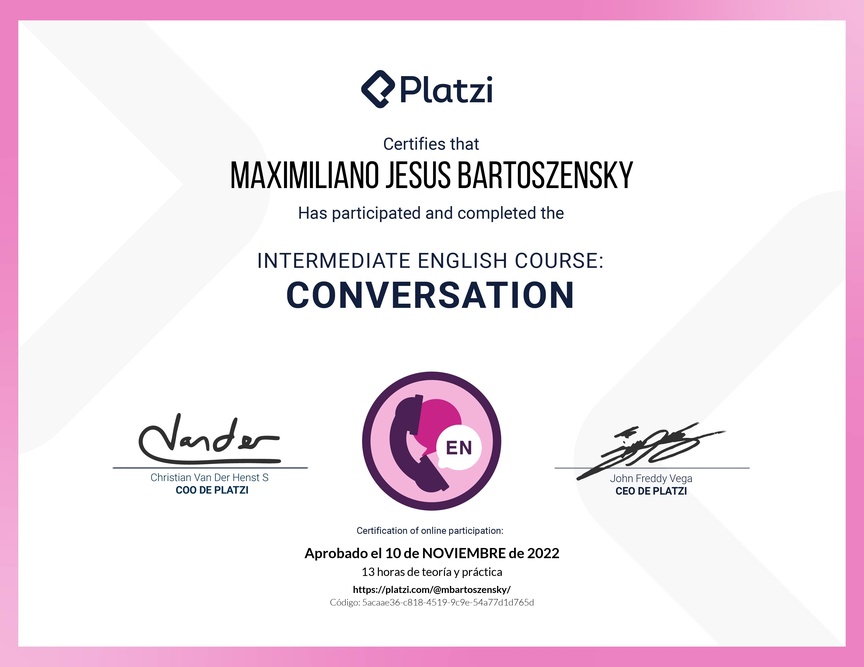 Diploma del Curso de Inglés Intermedio: Conversación 2020
