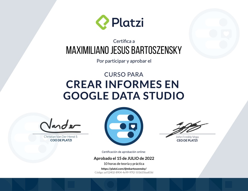 Diploma del Curso para Crear Informes de Redes Sociales con Google Data Studio