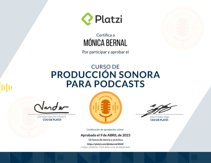 Diploma del Curso de Producción Sonora para Podcasts