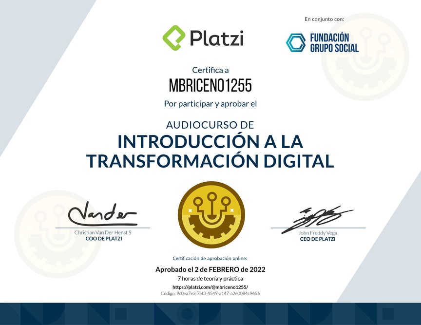 Diploma de Audiocurso de Transformacion Digital Inicial para Comprender, Identificar y Hacer Crecer tu Empresa